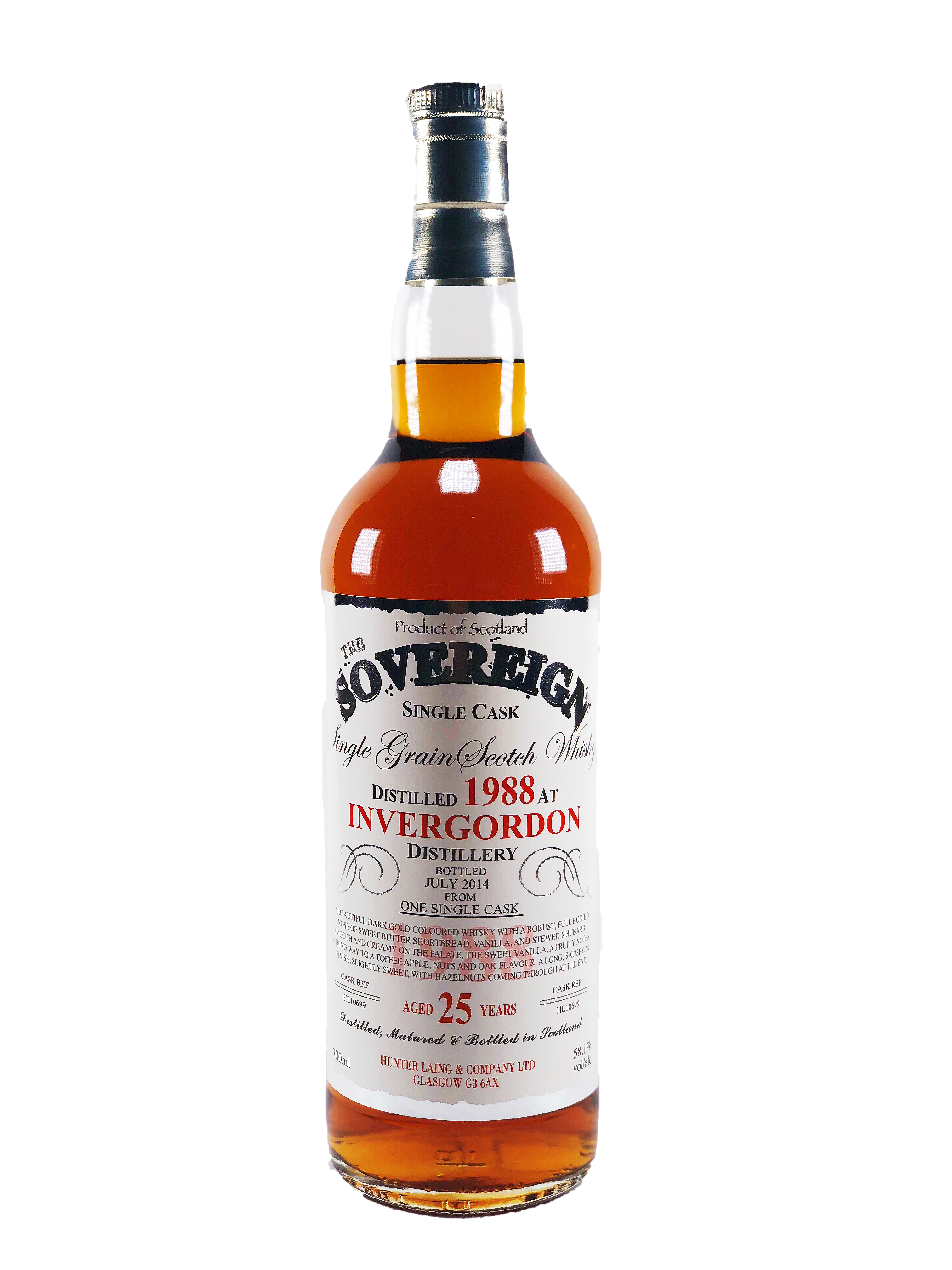 Invergordon_25_yo_1988-2014_Single_Cask_Single_Grain_The_Sovereign_Hunter_Laing_58.1%_Cask_Ref_HL10699_Highland